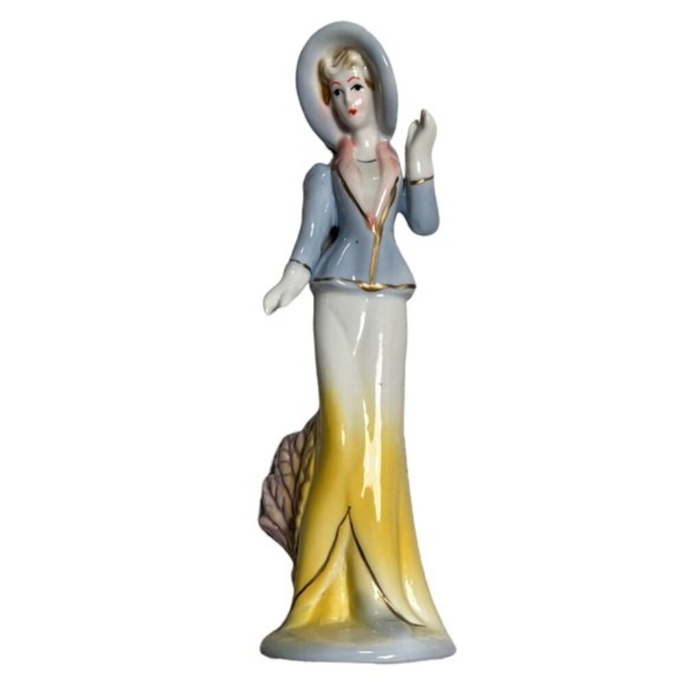 Vintage Style 7.75" Lady of Fashion Figurine Yellow Skirt Blue Jacket Hat
